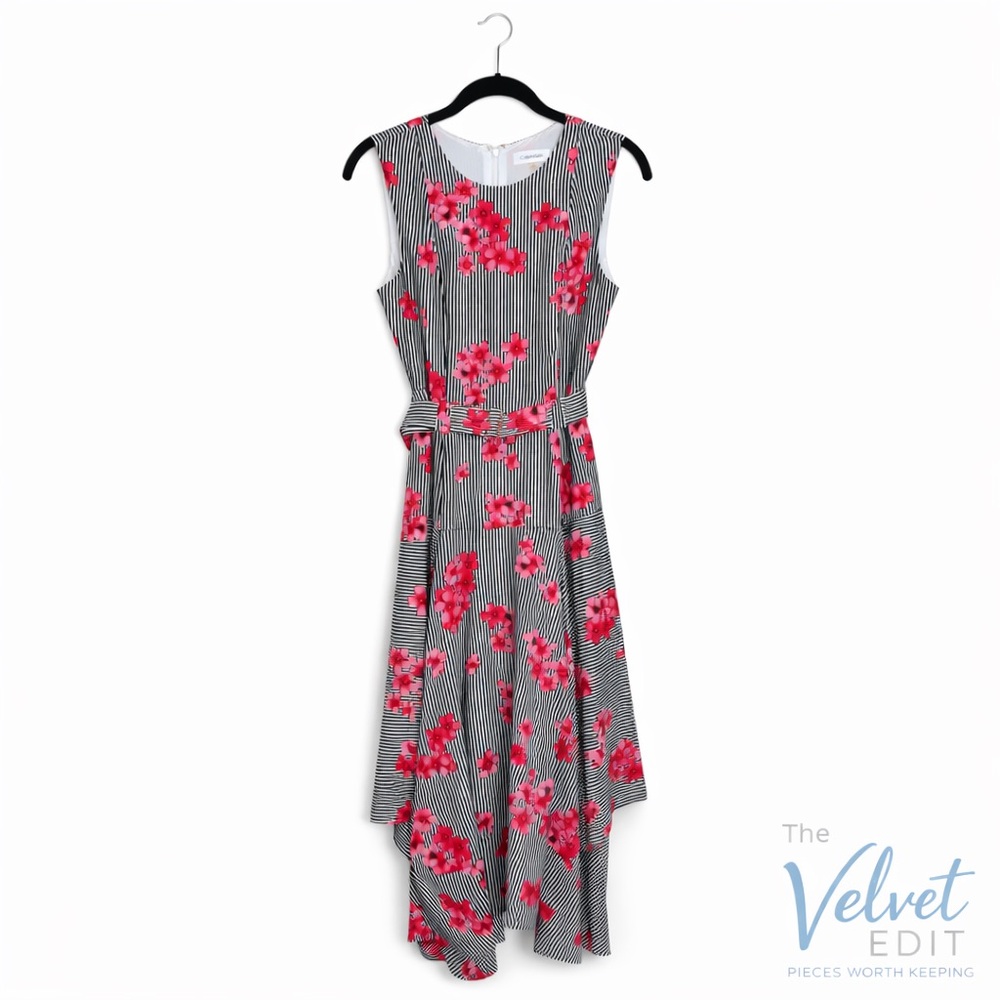 Calvin Klein Black & White Striped Dress with Pink Floral Detail Size 2